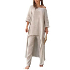 Women Lightweight Linen Two-Piece with Asymmetrical High-Low Tunic and Wide Palazzo Pants Fashion Glam