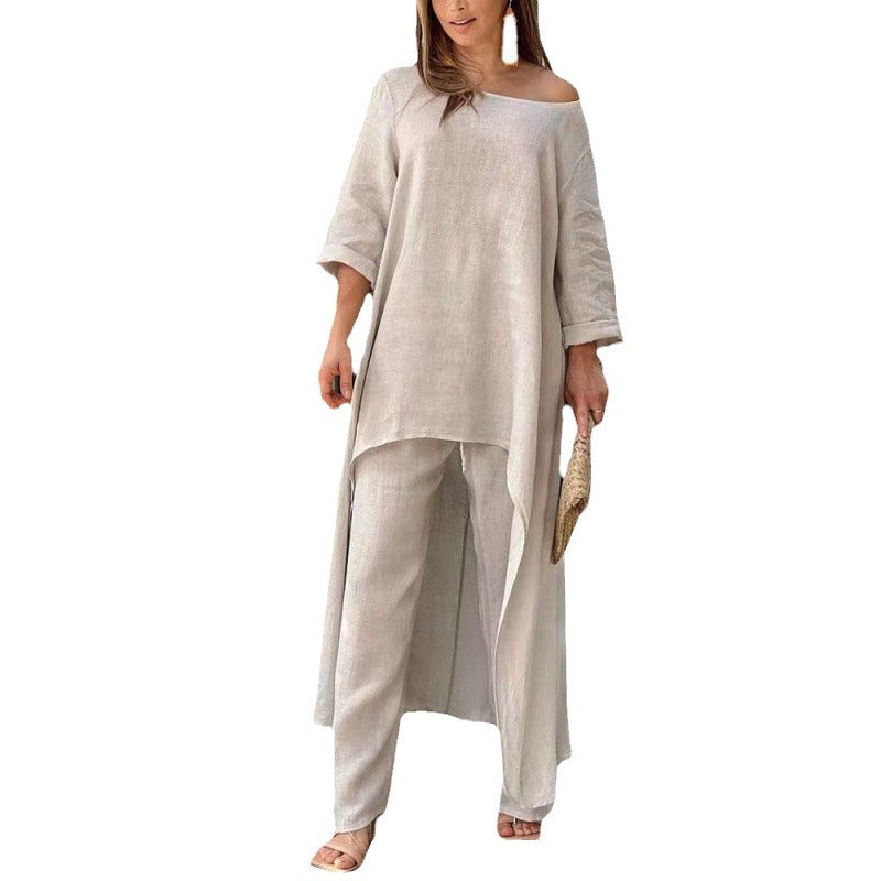 Women Lightweight Linen Two-Piece with Asymmetrical High-Low Tunic and Wide Palazzo Pants Fashion Glam