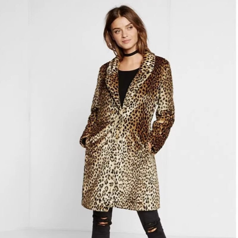 Women's Mid-length Faux-Fur Coat in Leopard Print with Notch Collar and Side Pockets Fashion Glam