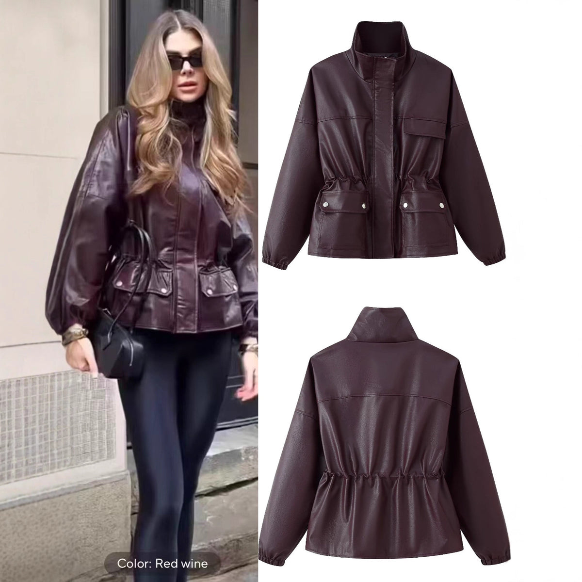 Women Faux Leather Parka with Stand Collar, Waist Drawstring, and Placket Pockets Fashion Glam