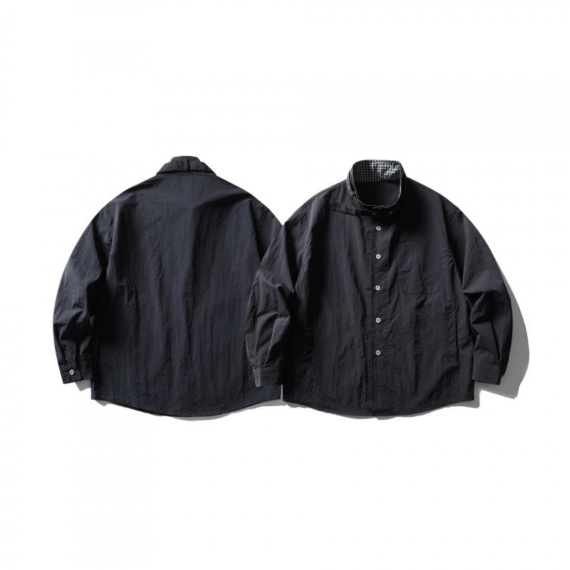 Unisex Wide Crinkle Shirt with High Standing Collar and Concealed Button Placket Fashion Glam