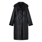 Women long oversized lambskin imitation coat with belt and shawl collar Fashion Glam