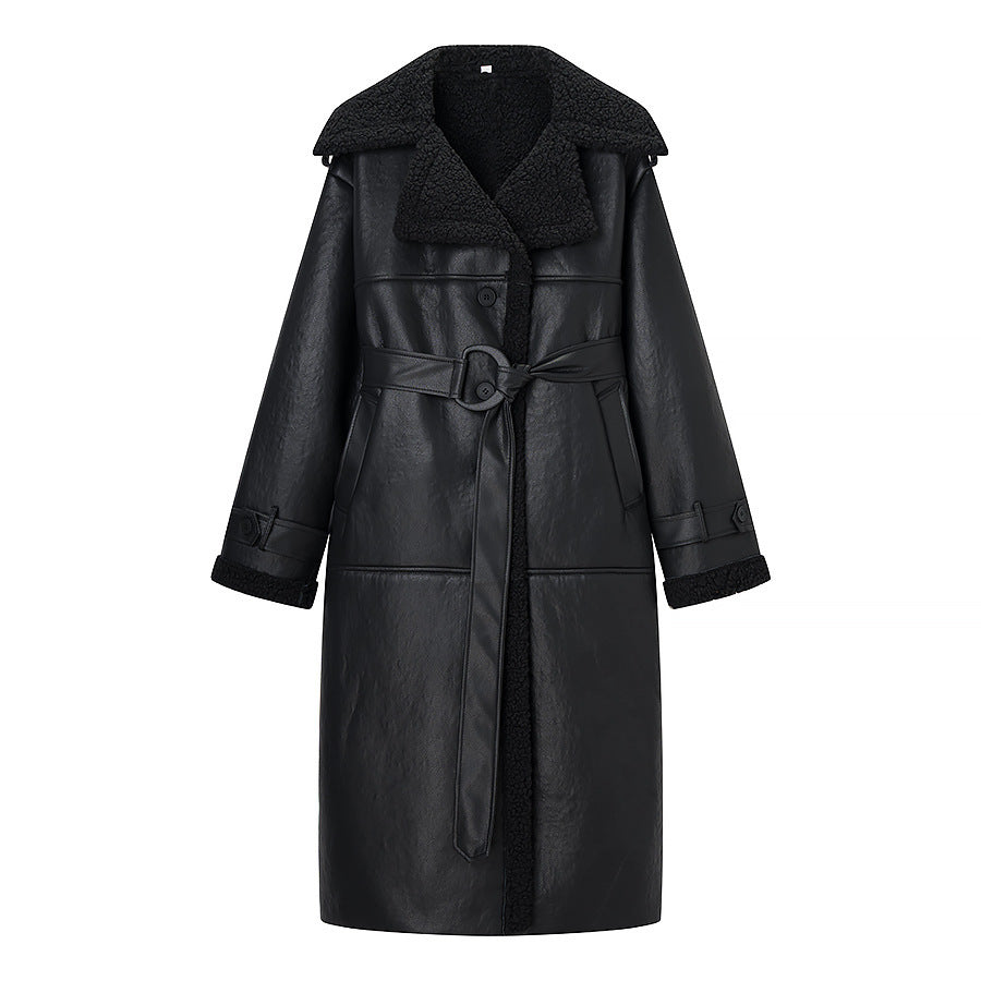 Women long oversized lambskin imitation coat with belt and shawl collar Fashion Glam
