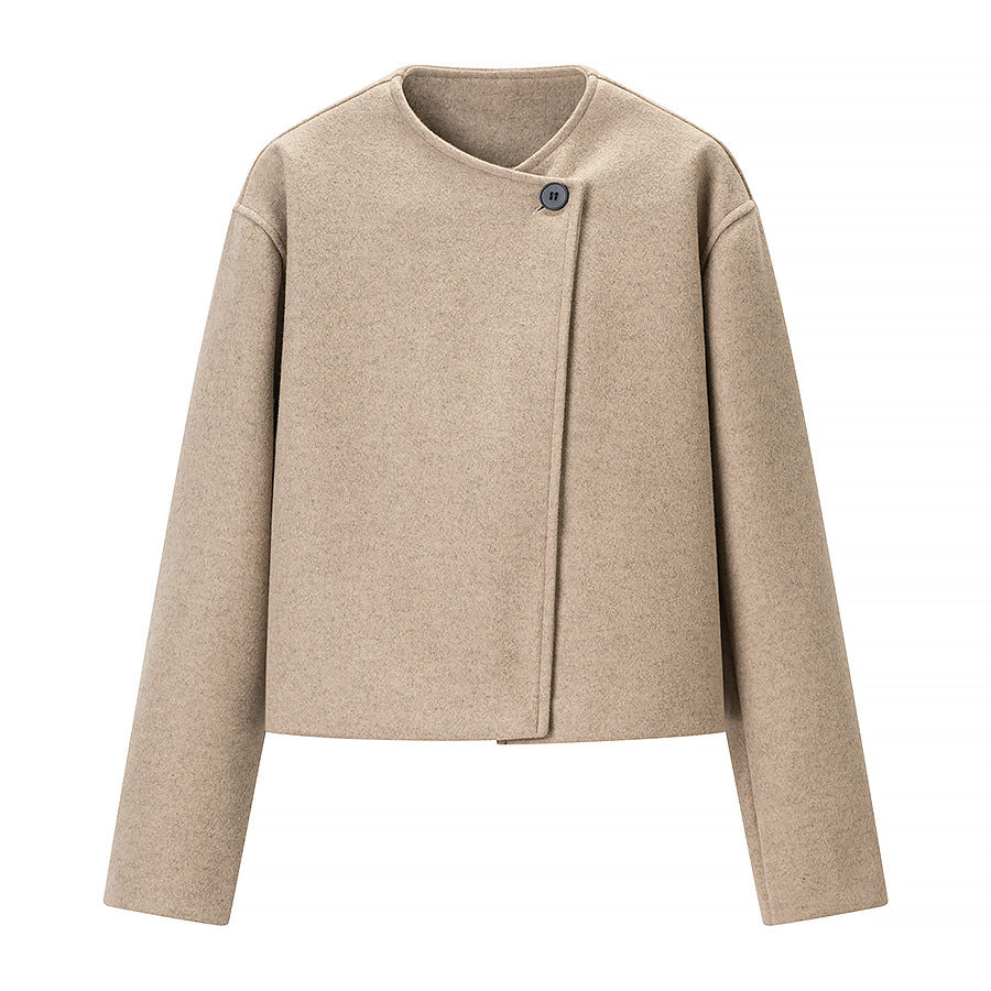 Women's short-cut boxy wool blend blazer with asymmetrical button placket Fashion Glam