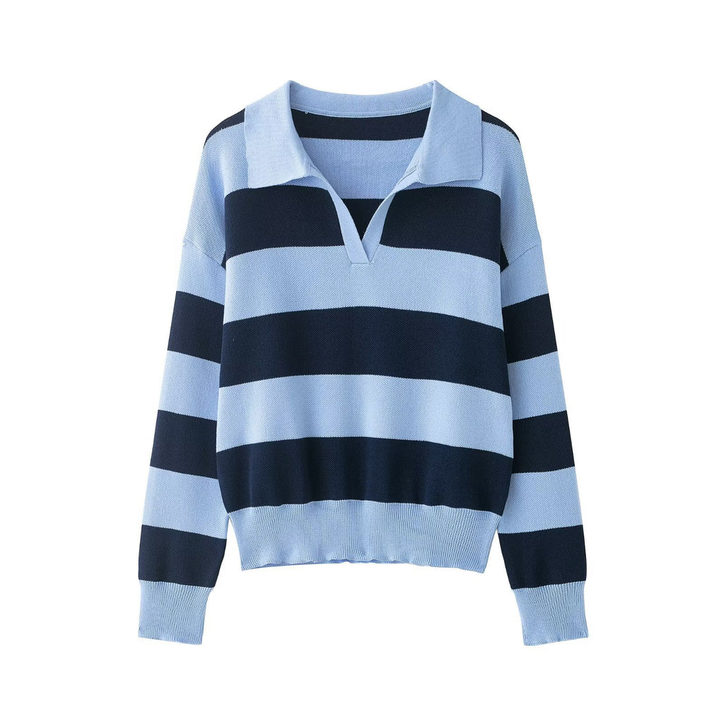Women Striped Oversize Rugby Sweater with Polo Collar and V-Neck Fashion Glam