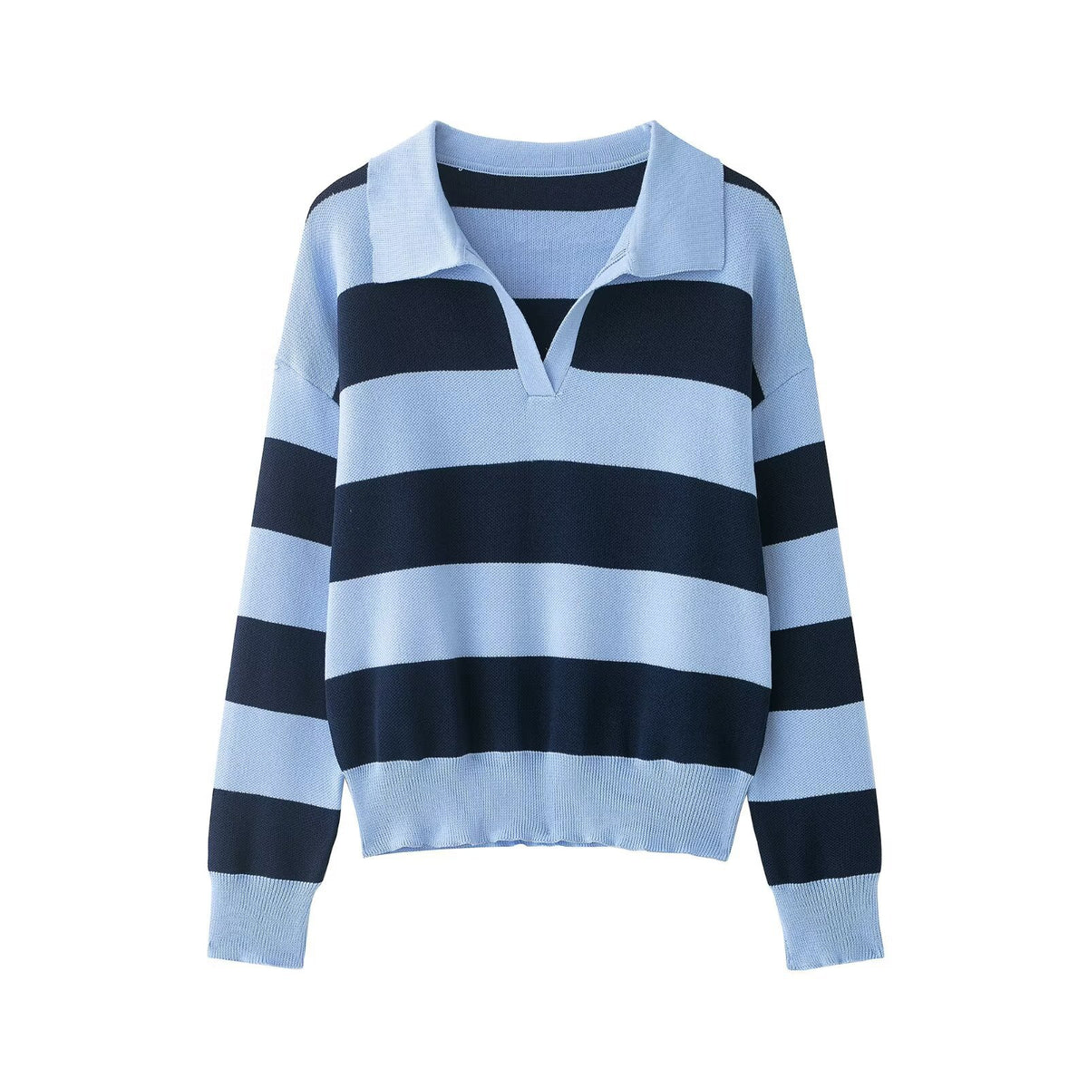 Women Striped Oversize Rugby Sweater with Polo Collar and V-Neck Fashion Glam