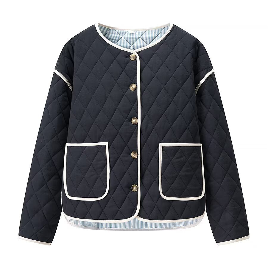 Women's short-cut quilted transitional jacket with round neck, decorative piping, and turn-up cuffs Fashion Glam