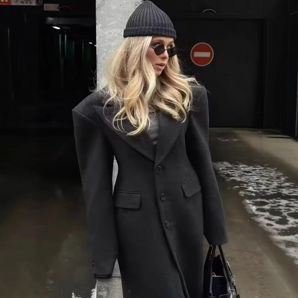 Women Longline Wool Blend Coat with Distinctive Lapels, Tailored Darts, and Flap Pockets Fashion Glam
