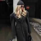 Women Longline Wool Blend Coat with Distinctive Lapels, Tailored Darts, and Flap Pockets Fashion Glam