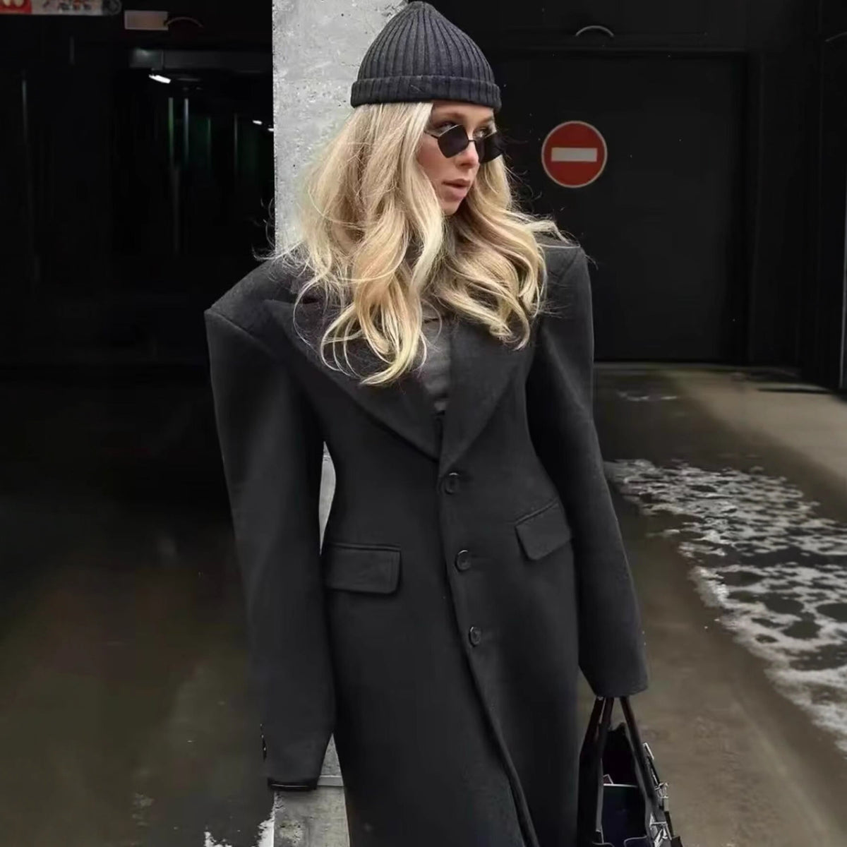 Women Longline Wool Blend Coat with Distinctive Lapels, Tailored Darts, and Flap Pockets Fashion Glam