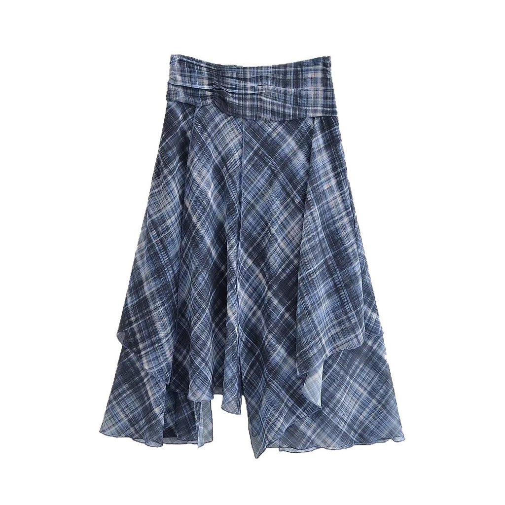 Women Asymmetrical multilayer midi skirt made of chiffon with wide waistband and check pattern Fashion Glam