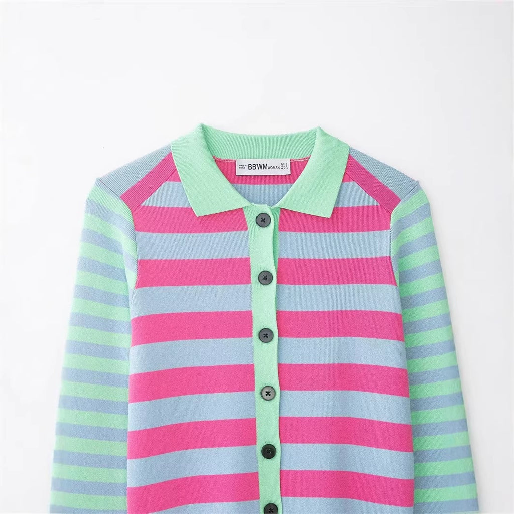Women's Striped Short Knit Jacket with Polo Collar, Contrasting Button Placket and Ribbed Cuffs Fashion Glam