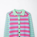 Women's Striped Short Knit Jacket with Polo Collar, Contrasting Button Placket and Ribbed Cuffs Fashion Glam