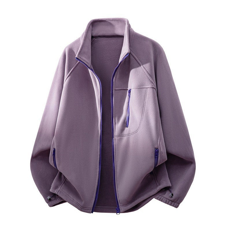 Men's fleece jacket with high stand-up collar, multiple zip pockets, and ergonomic raglan cut Fashion Glam