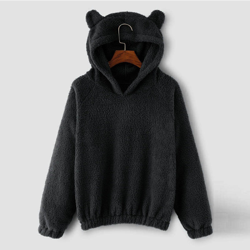 Women's Cozy Teddy Hooded Sweater with Bear Ears and Drawstring Hem Fashion Glam