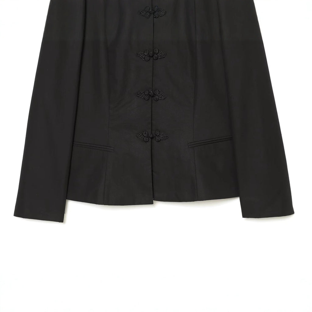 Women's Tailored Short Blazer with Mandarin Stand Collar and Decorative Frog Closures Fashion Glam