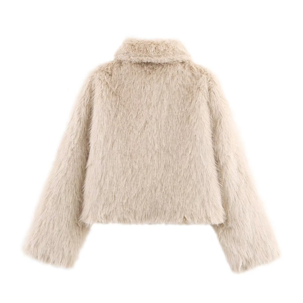 Ladies Short Fluffy Faux Fur Jacket with Lapel Collar and Straight Hem Fashion Glam