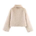 Ladies Short Fluffy Faux Fur Jacket with Lapel Collar and Straight Hem Fashion Glam