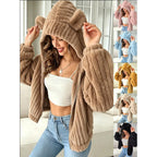 Women's Cozy Teddy Hooded Jacket with Plush Texture and Hood Ears Fashion Glam