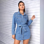 Women Studded Denim Shirt Dress with Waist Belt Fashion Glam
