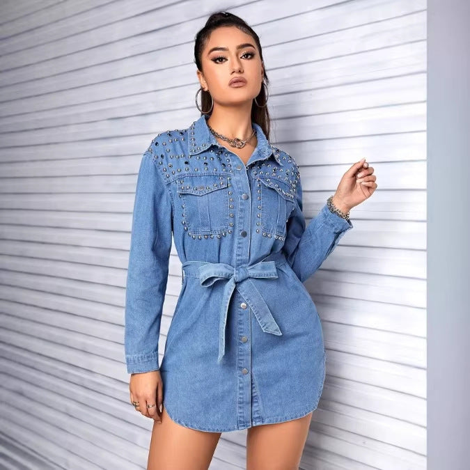 Women Studded Denim Shirt Dress with Waist Belt Fashion Glam