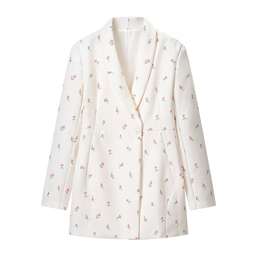 Women's Floral Longline Blazer Jacket with Shawl Collar and One-Button Closure Fashion Glam