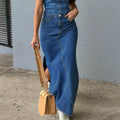 Ladies High-Waist Maxi Skirt made of Denim with front decorative seam and side leg slit Fashion Glam