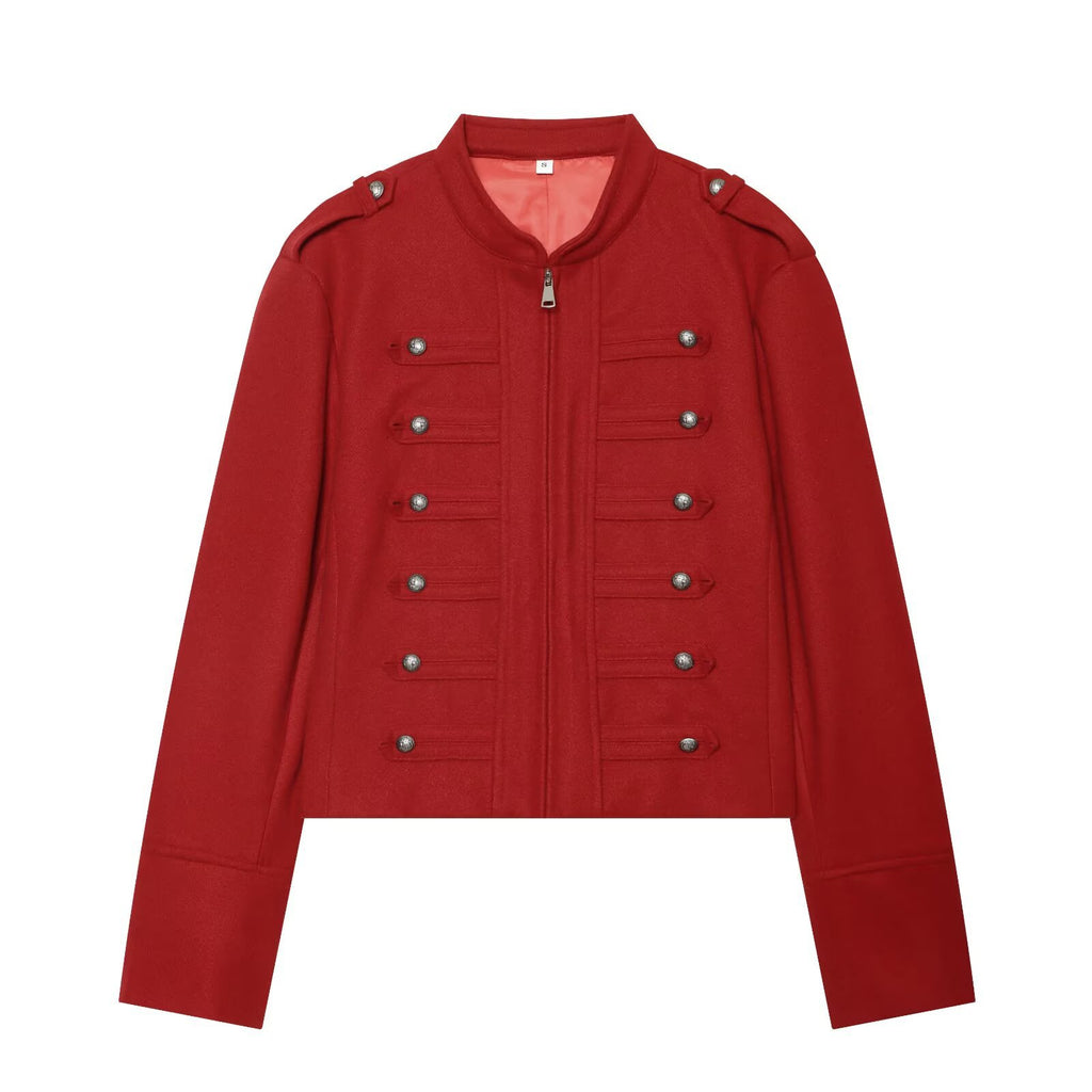 Women's Military Inspired Cropped Wool Blend Jacket with Decorative Button Placket and Stand-Up Collar Fashion Glam