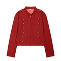 Women's Military Inspired Cropped Wool Blend Jacket with Decorative Button Placket and Stand-Up Collar Fashion Glam
