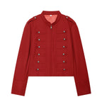 Women's Military Inspired Cropped Wool Blend Jacket with Decorative Button Placket and Stand-Up Collar Fashion Glam