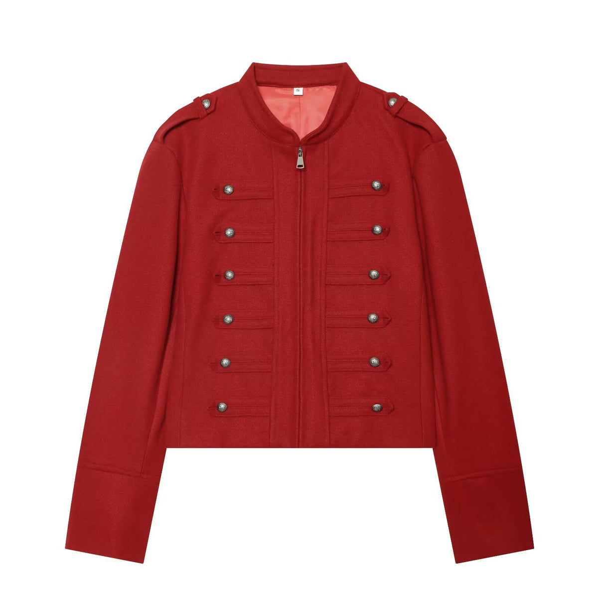 Women's Military Inspired Cropped Wool Blend Jacket with Decorative Button Placket and Stand-Up Collar Fashion Glam