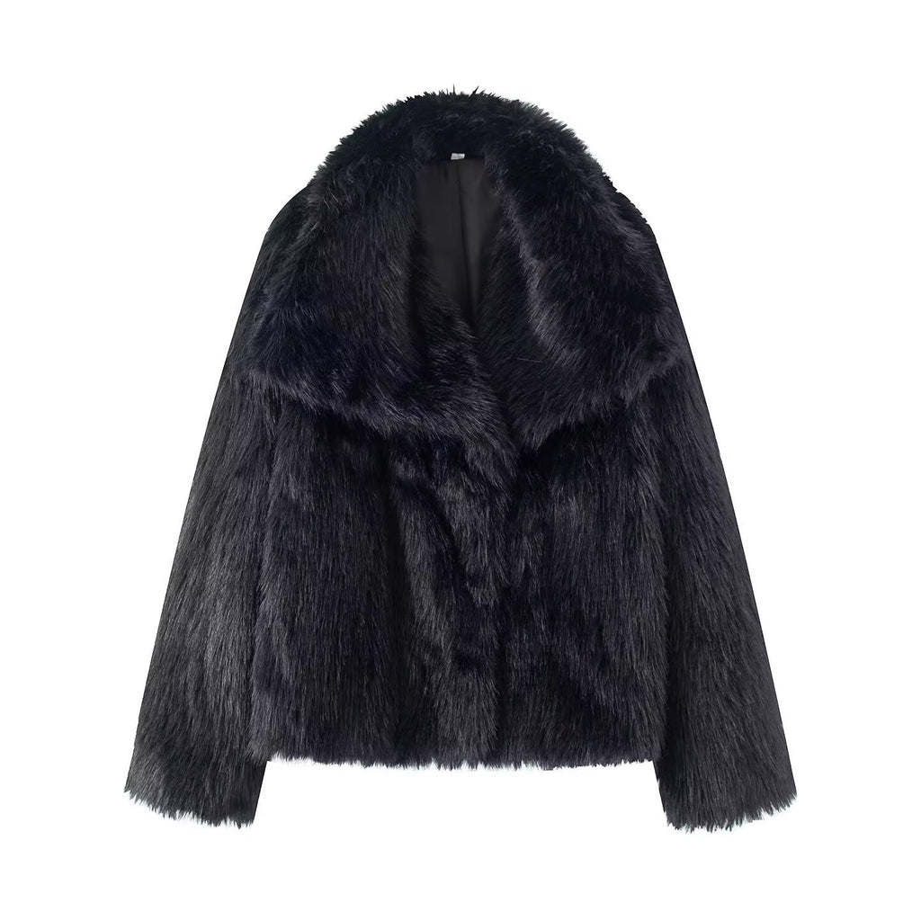 Women's Short Boxy Faux Fur Coat with Generous Shawl Collar and Soft Lining Fashion Glam