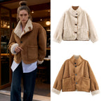 Women's Short Lambskin Imitation Jacket in Boxy Cut with Stand-Up Collar and Large Outer Pockets Fashion Glam