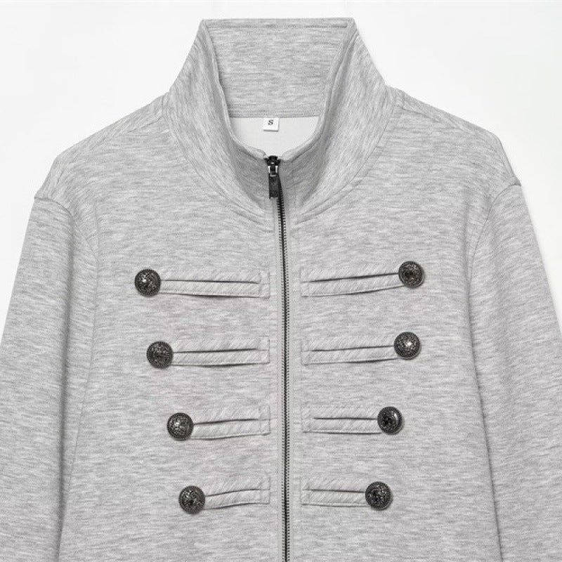 Women's Short Sweat Jacket in Military Style with Stand-Up Collar and Decorative Button Details Fashion Glam