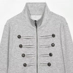 Women's Short Sweat Jacket in Military Style with Stand-Up Collar and Decorative Button Details Fashion Glam