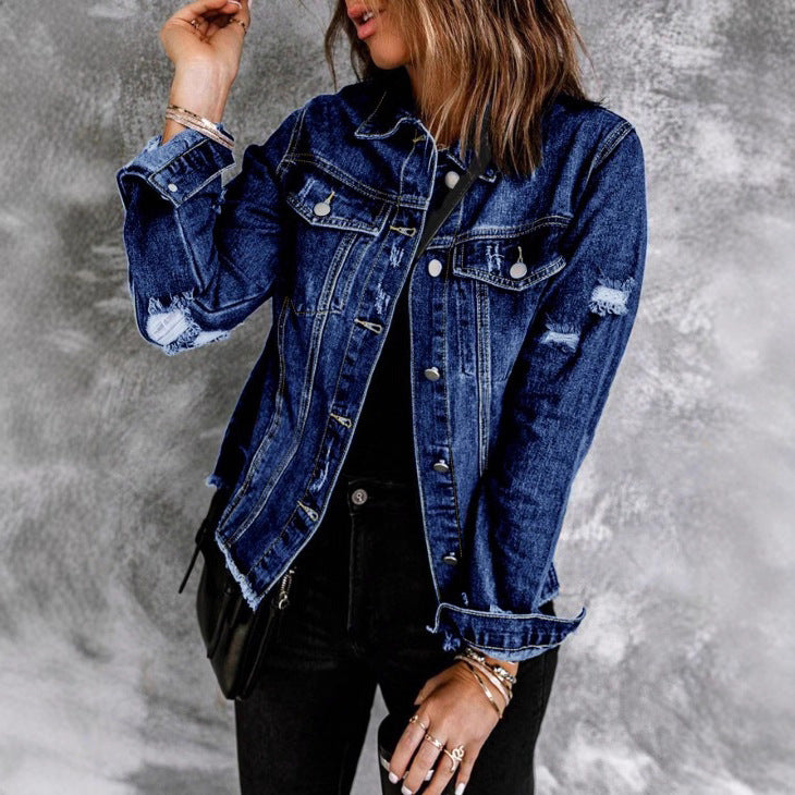 Women's Waist-Cinched Denim Trucker Jacket with Light Destroyed Effect and Fringed Hem Fashion Glam