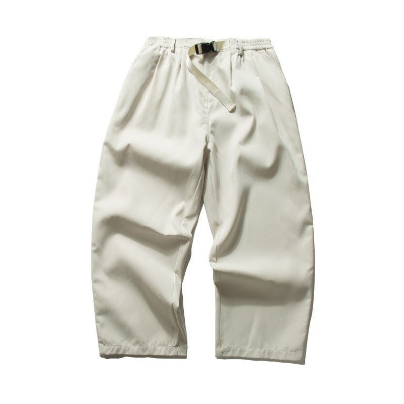 Men's Wide Relaxed Twill Pants with Elastic Waistband, D-Ring Belt, and Pleats Fashion Glam