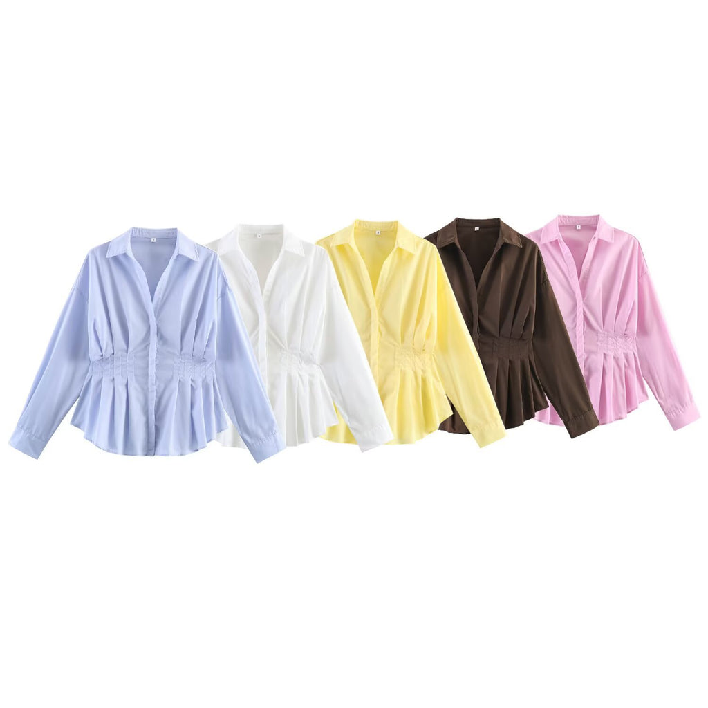 Women's tailored blouse shirt jacket with box pleats and concealed button placket Fashion Glam