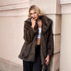 Women Short Faux-Fur Coat with Wide Shawl Collar, Open Front and Pockets Fashion Glam