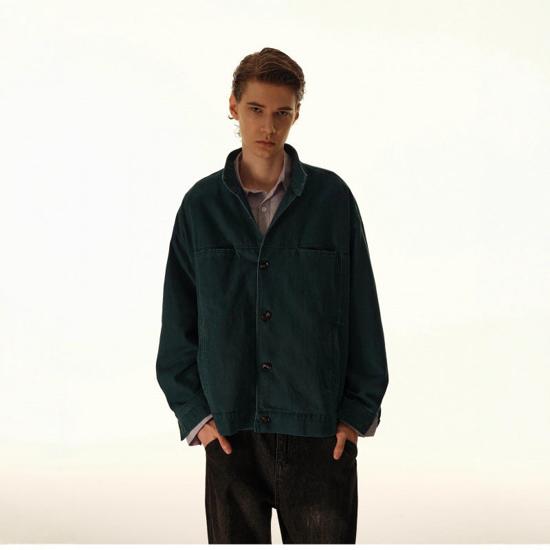Men's Loose Canvas Overshirt with Stand-Up Collar, Patch Pockets and Distinctive Stitching Details Fashion Glam