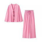 Ladies Lightweight Two-Piece Lounge Set with V-Neck and Loose Elastic Waist Pants Fashion Glam