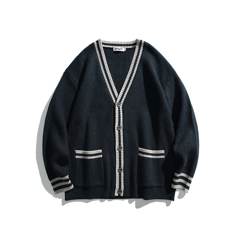 Unisex Oversize Knit Cardigan with Contrast Stripes, V-Neck and Patch Pockets Fashion Glam
