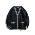 Unisex Oversize Knit Cardigan with Contrast Stripes, V-Neck and Patch Pockets Fashion Glam