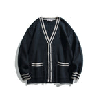 Unisex Oversize Knit Cardigan with Contrast Stripes, V-Neck and Patch Pockets Fashion Glam