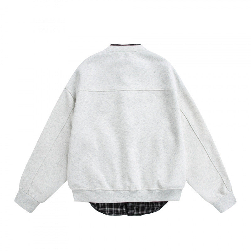 Men's Oversized College-Style Sweat Jacket with Concealed Snap Button Placket and Checked Lining Fashion Glam
