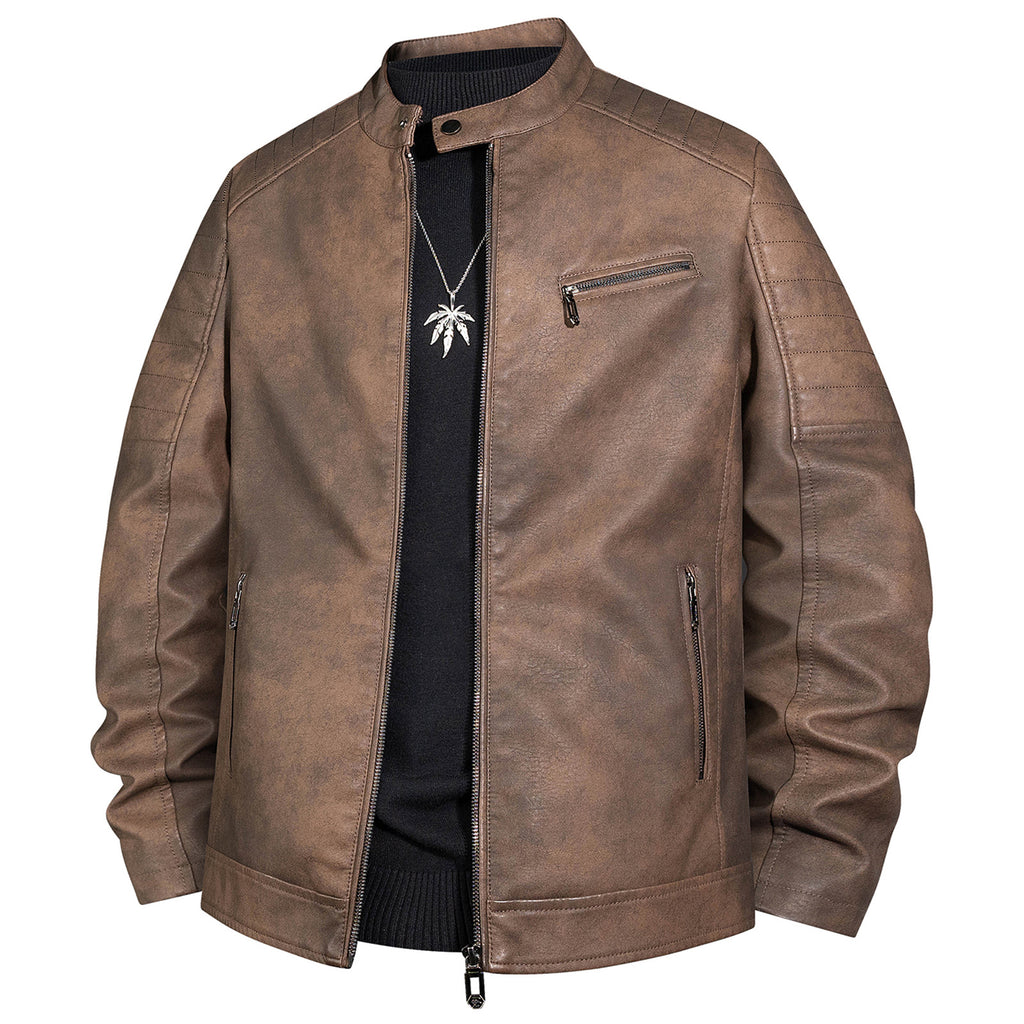 Men's biker jacket made of faux leather with stand-up collar and quilted shoulder Fashion Glam
