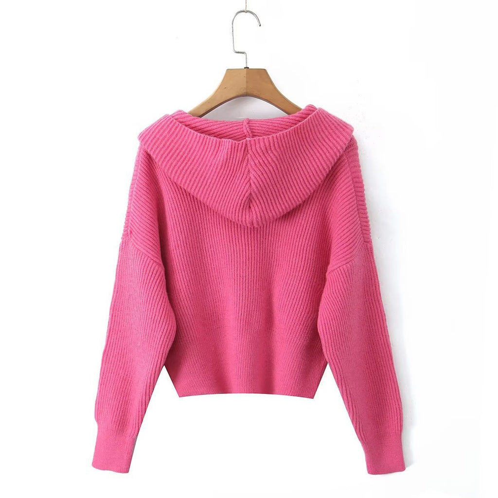 Women's Short Ribbed Knit Cardigan with Wide Hood Collar and Patch Pockets Fashion Glam