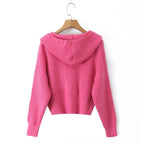 Women's Short Ribbed Knit Cardigan with Wide Hood Collar and Patch Pockets Fashion Glam