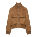 Women's Short Suede Look Bomber Jacket with Stand Collar, Flap Pockets and Ribbed Cuffs Fashion Glam