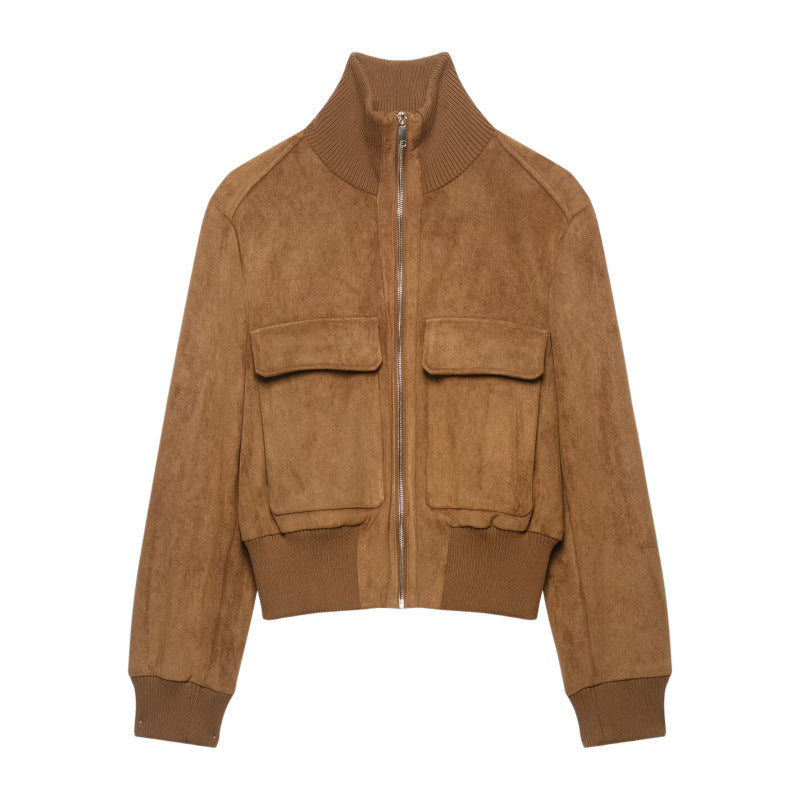 Women's Short Suede Look Bomber Jacket with Stand Collar, Flap Pockets and Ribbed Cuffs Fashion Glam